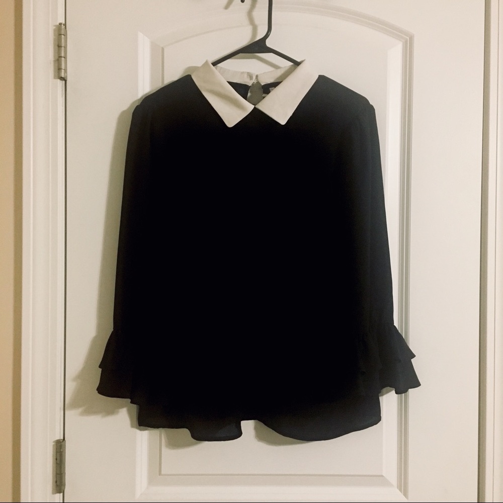 Elle black ruffle sleeve white collar blouse